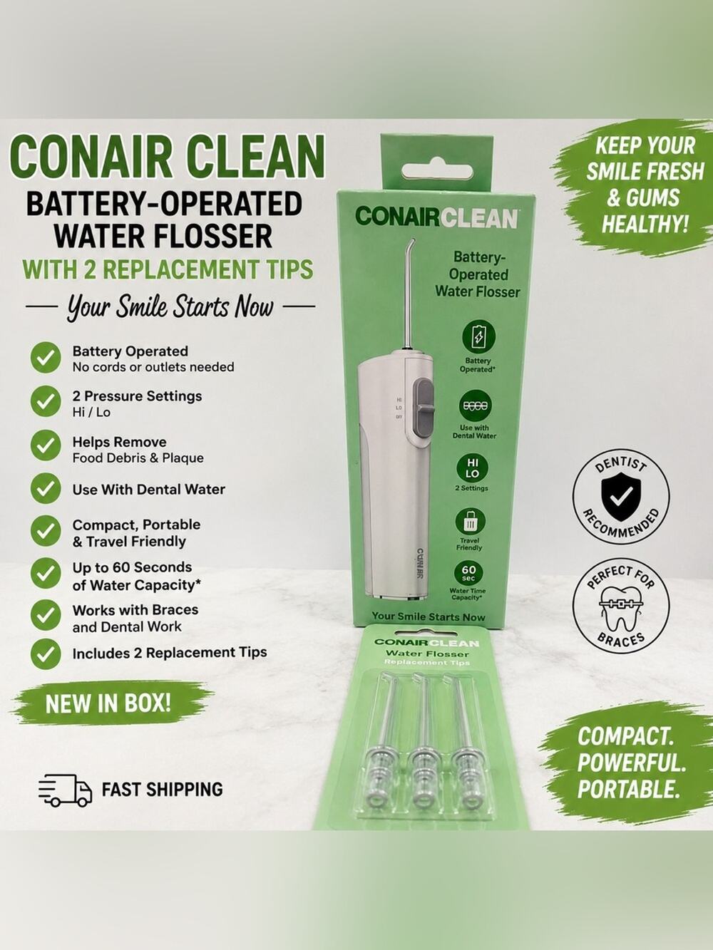 Conair Clean Battery Operated Water Flosser w/ 3 Replacement Tips NIB